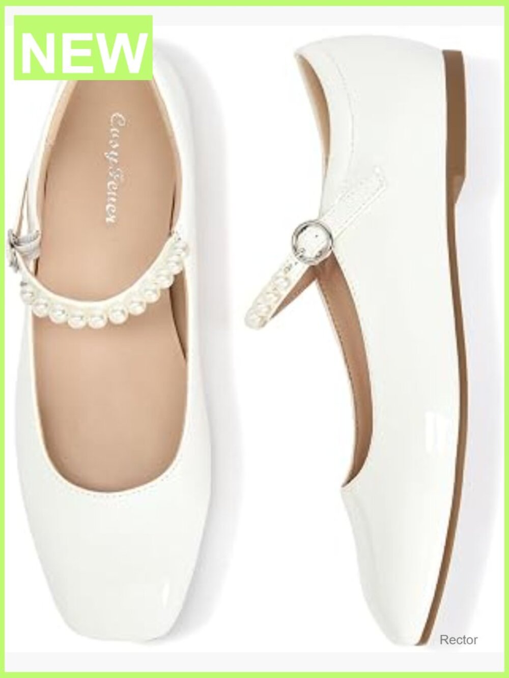 Dressy Mary Jane Flats, Square Toe Pearl Strap Flat Dress Shoes for Wedding